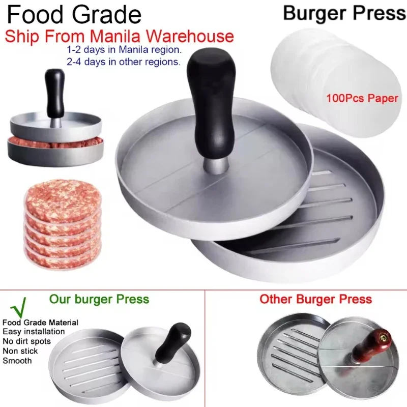 1PC HOT SALE NEW Burger Press Patty Maker Stainless Steel Hamburger Patty Press Mold Wood Handle Non-Stick with 100 Patty Papers