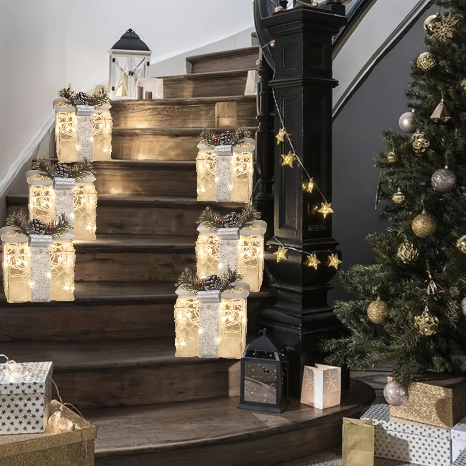 

Подарочная коробка с фонарем из трех частей на открытом воздухе, подарок на рождественскую елку, подходит для вечеринок и украшения дома на открытом воздухе,