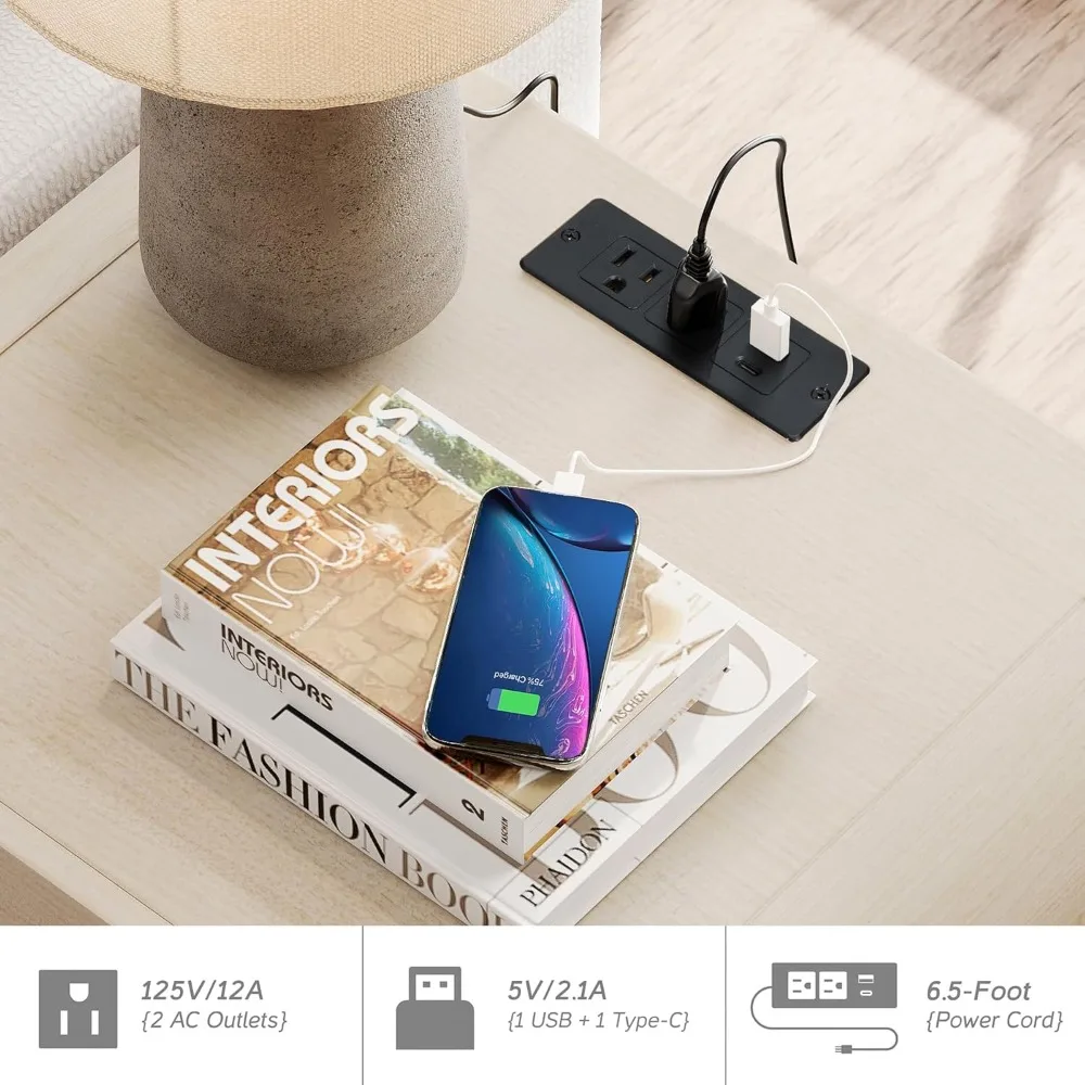 منضدة طويلة معاصرة مع قاعدة شحن، طاولة بجانب السرير خشبية ذات درجين، تصميم منحني، مثالية لجانب الأريكة #6