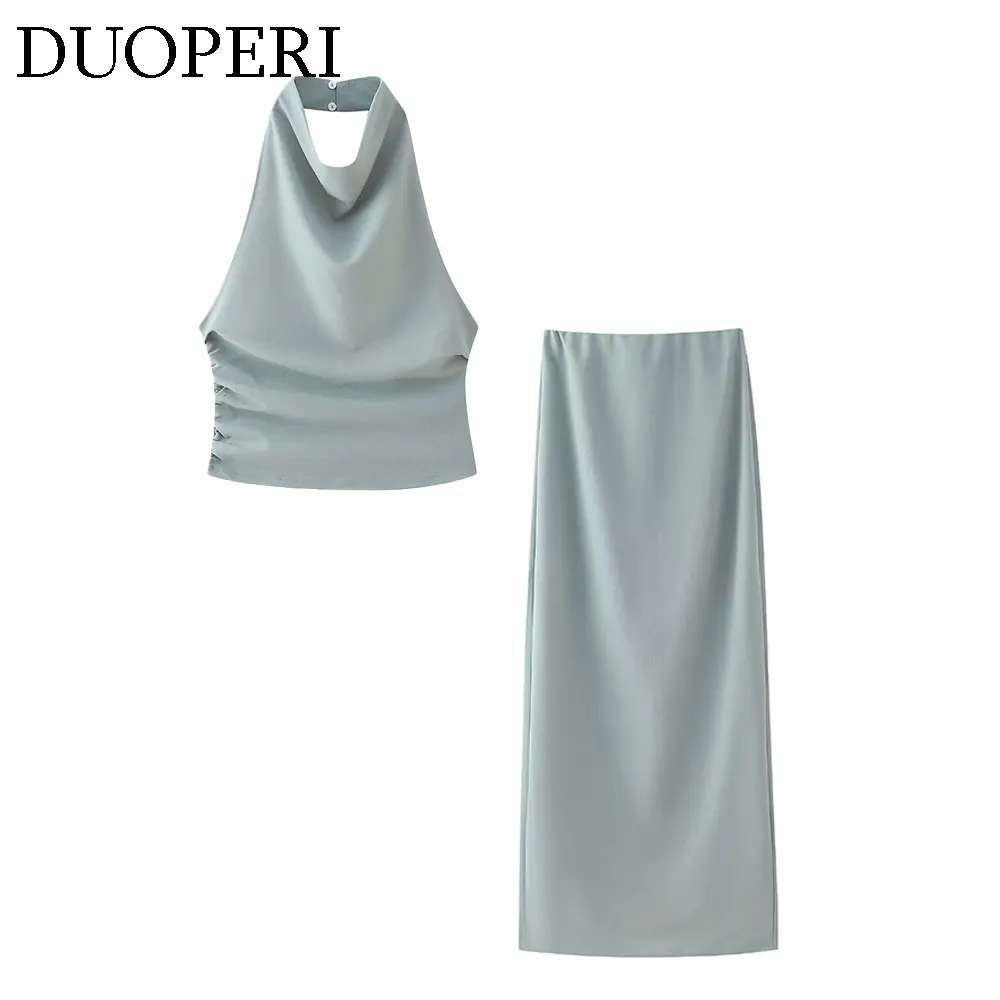 DUOPERI Women Fashion 2 Pieces Sets Halter Neck Camisole and High Waist Back Slit Midi Skirt Female Chic Lady Skirt Coordinates