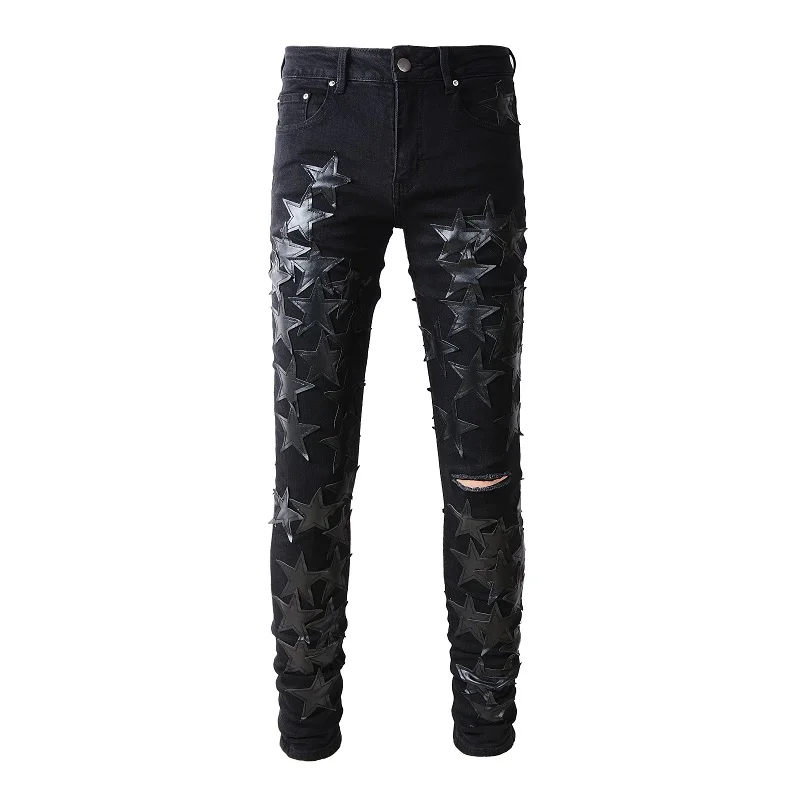 Great Distressed Men's Black High Quality Skinny Stretch Holes Stars Patchwork Ripped Jeans