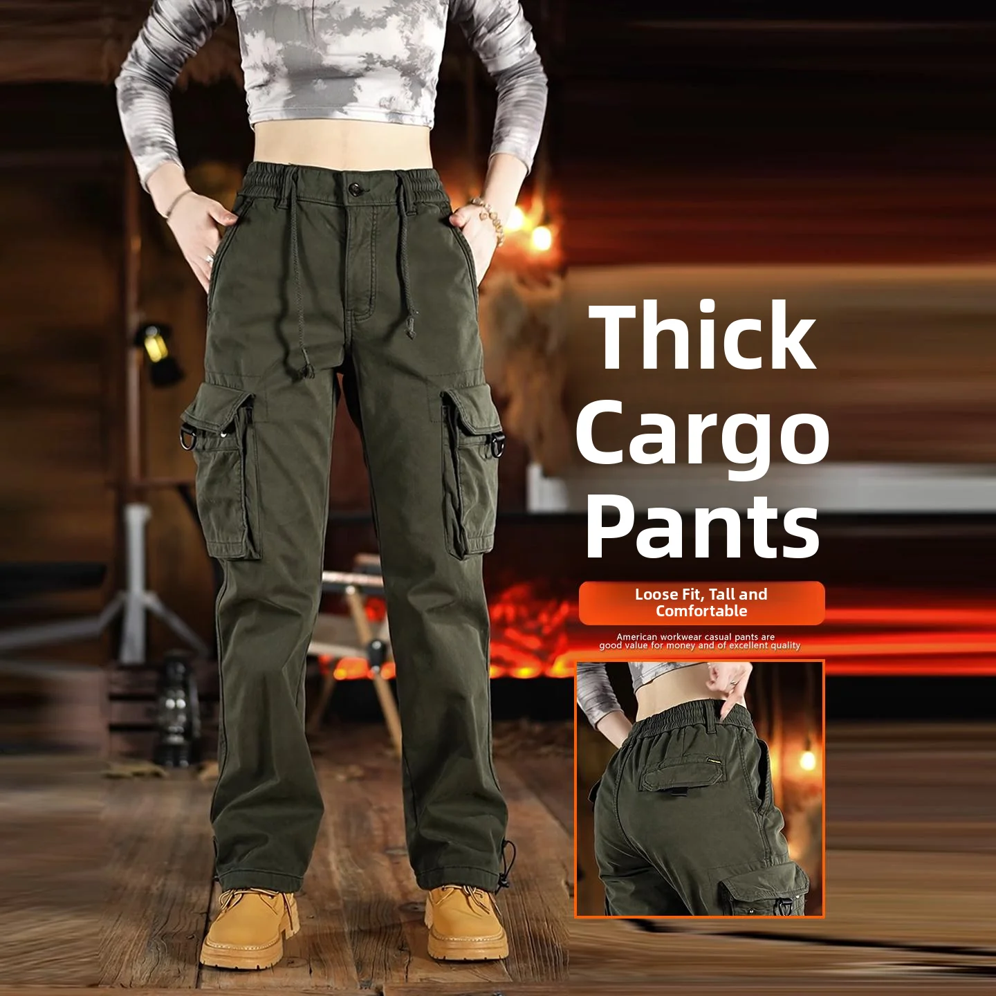 

Outdoor American Style Straight Leg Work Pants Men's Autumn Winter Fleece Lined Multi Pocket Casual Loose Fit Versatile