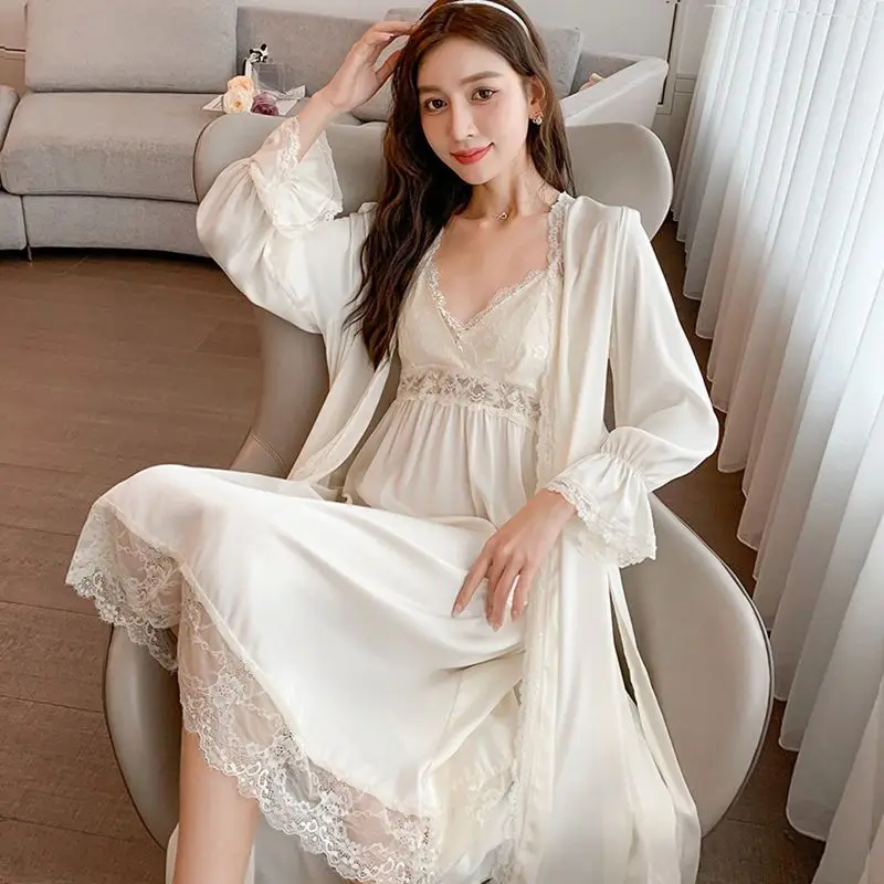 

Womens Nightdress Sexy Long Lace Lingerie Nightwear Gown Lace Loose Nightwear Solid Color Nightgown Pajamas