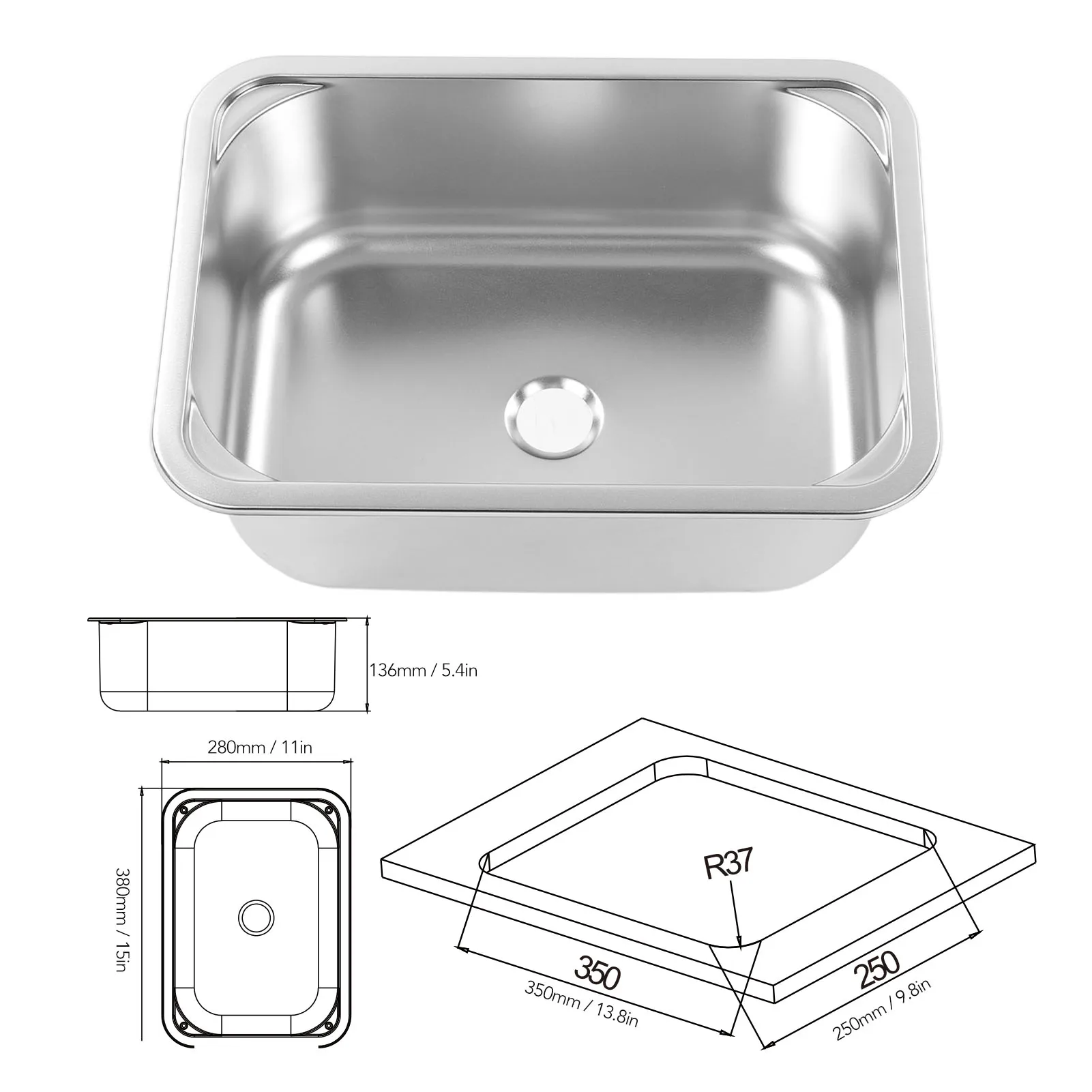 Oval 304 Stainless Steel RV Bathroom Sink – 13.6" X 8" X 5.2" Single Bowl With 40mm Drain – For Boats, Campers, Motorhomes & Commercial Use