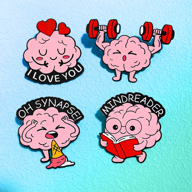 Cute Brain Pins 4-design Enamel Cartoon Funny Excising Mind Reading Brain Brooch Pin For Clothes Backpack Lapel Badge Metal Pins