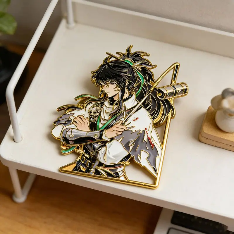 Golden Frame Ancient Chinese Warrior Enamel Pin Oriental Swordsman Scroll Metal Brooch Backpack Clothes Decor Gift - view 5
