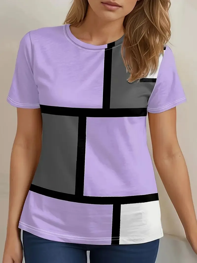 New Color Stripes T-Shirts Blocks 3D Print Women O-Neck Short Sleeves T Shirt Streetwear Y2k Harajuku Tees Tops Female Clothing