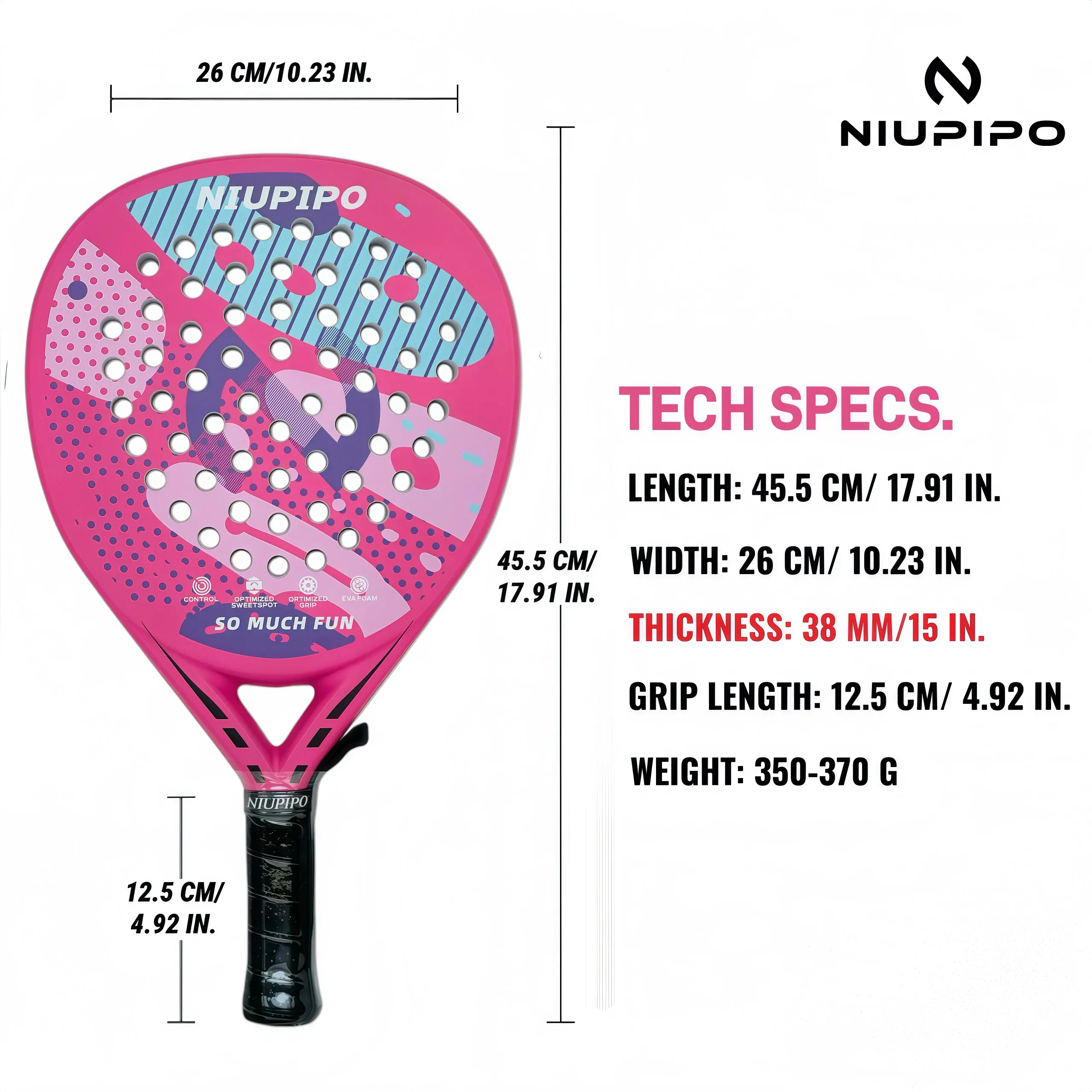 NIUPIPO Tennis Padel Racket, Full Carbon Fiber Racket Surface, Thermoformed Uni-body Construction, Soft EVA Core, Thickness 38mm