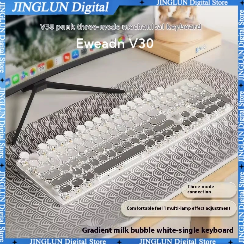 

Eweadn V30 Mechanical Keyboard 3mode 2.4g Wireless Bluetooth Keyboard Rgb Light Full Key No Impact Retro Round Key Keyboard