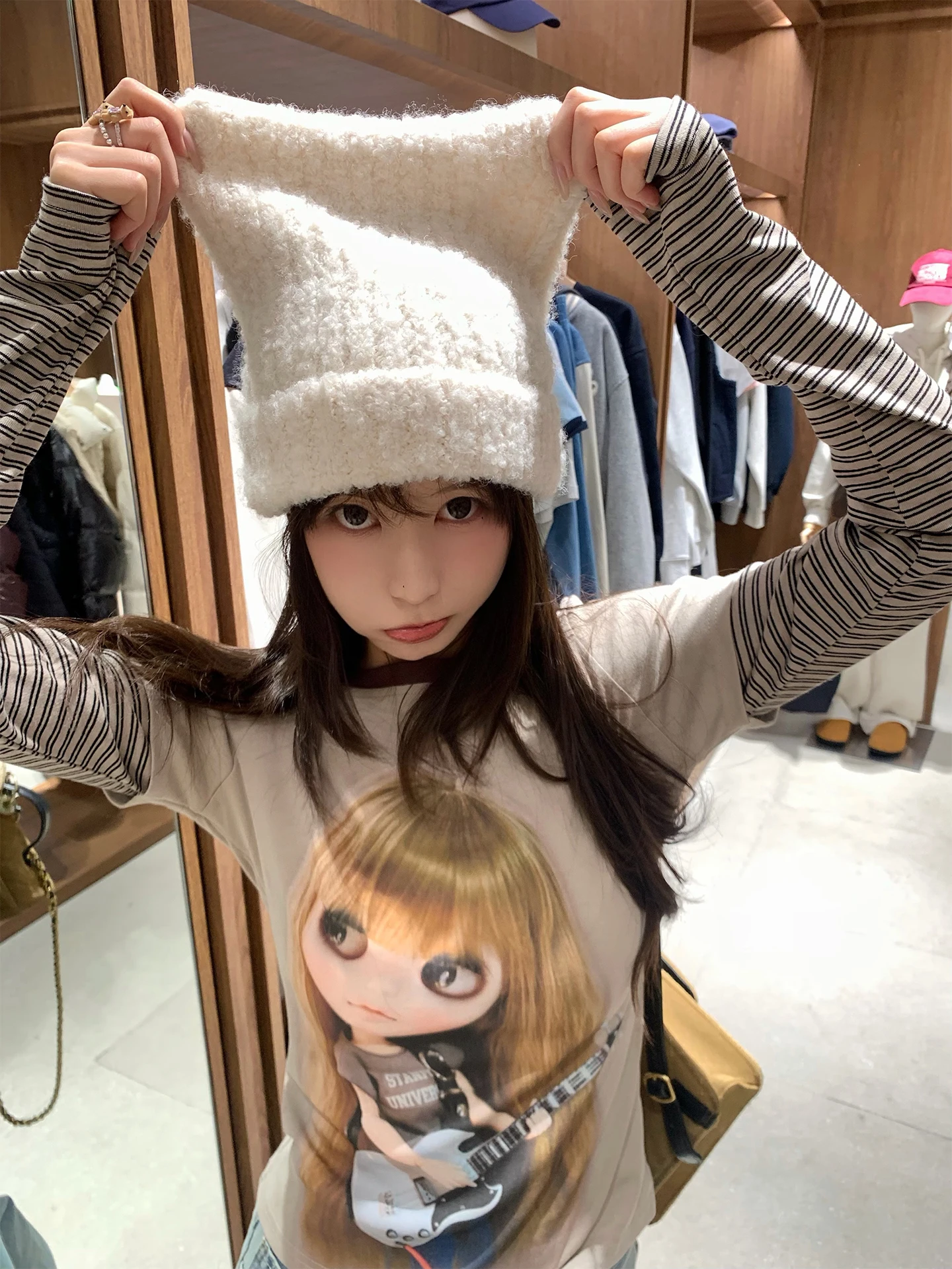 

Женская футболка Xuekeke с принтом куклы, длинными рукавами, имитация двухслойности, цветной дизайн, игривый стиль