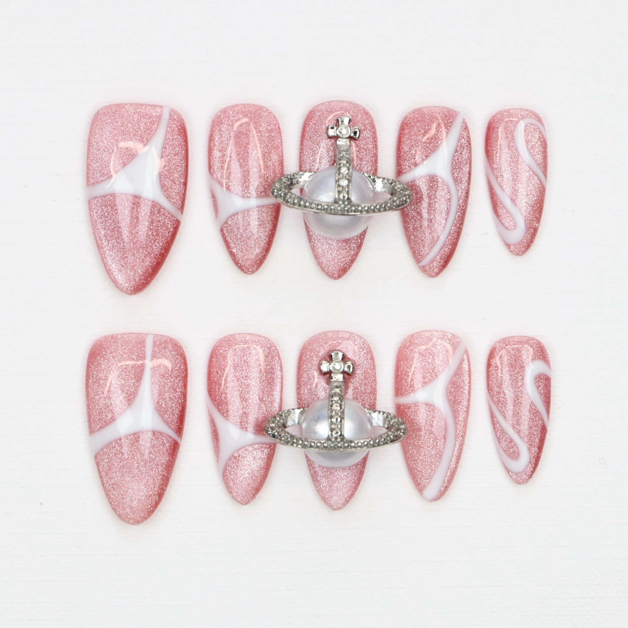 10 قطعة مانيكير مخصص مرسومة يدويًا أظافر اللوز المتوسطة فريدة من نوعها ثلاثية الأبعاد نمط وردي اضغط على تصميم الأظافر مع مجموعة مبرد أظافر لاصق