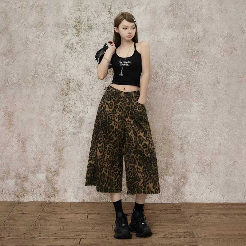 

Retro high waist loose cropped trousers leopard print niche adjustable waist drape straight jeans for women
