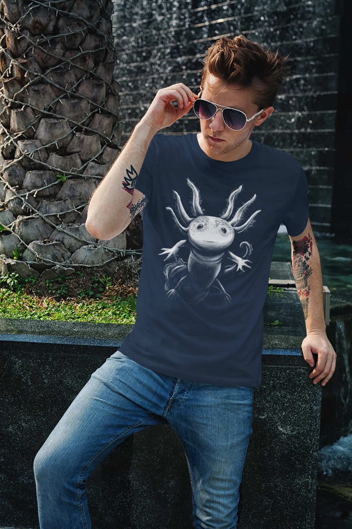 Men's Axolotl T Shirt Amphibian Illustration Species Types Endangered Animals Unique Idea Man