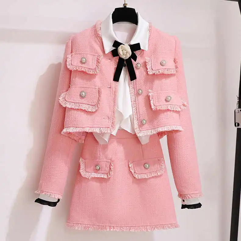 Women Jacquard Tweed Elegant Chic Suit Jacke Coat Shirt Top And Skirt Three Piece Set Outfit Female Party Pink Y2K Clothing