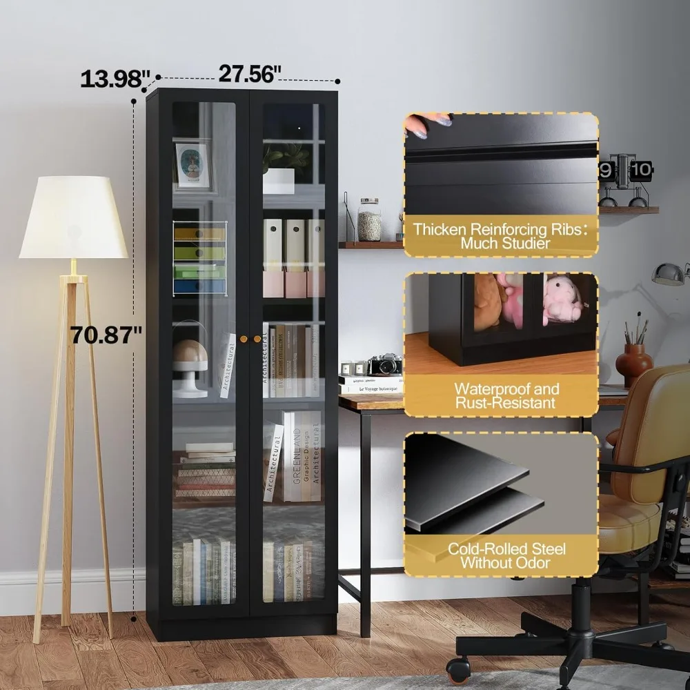 خزانة عرض معدنية ذات رف قابل للتعديل للمقتنيات، رف كتب أسود من 5 طبقات