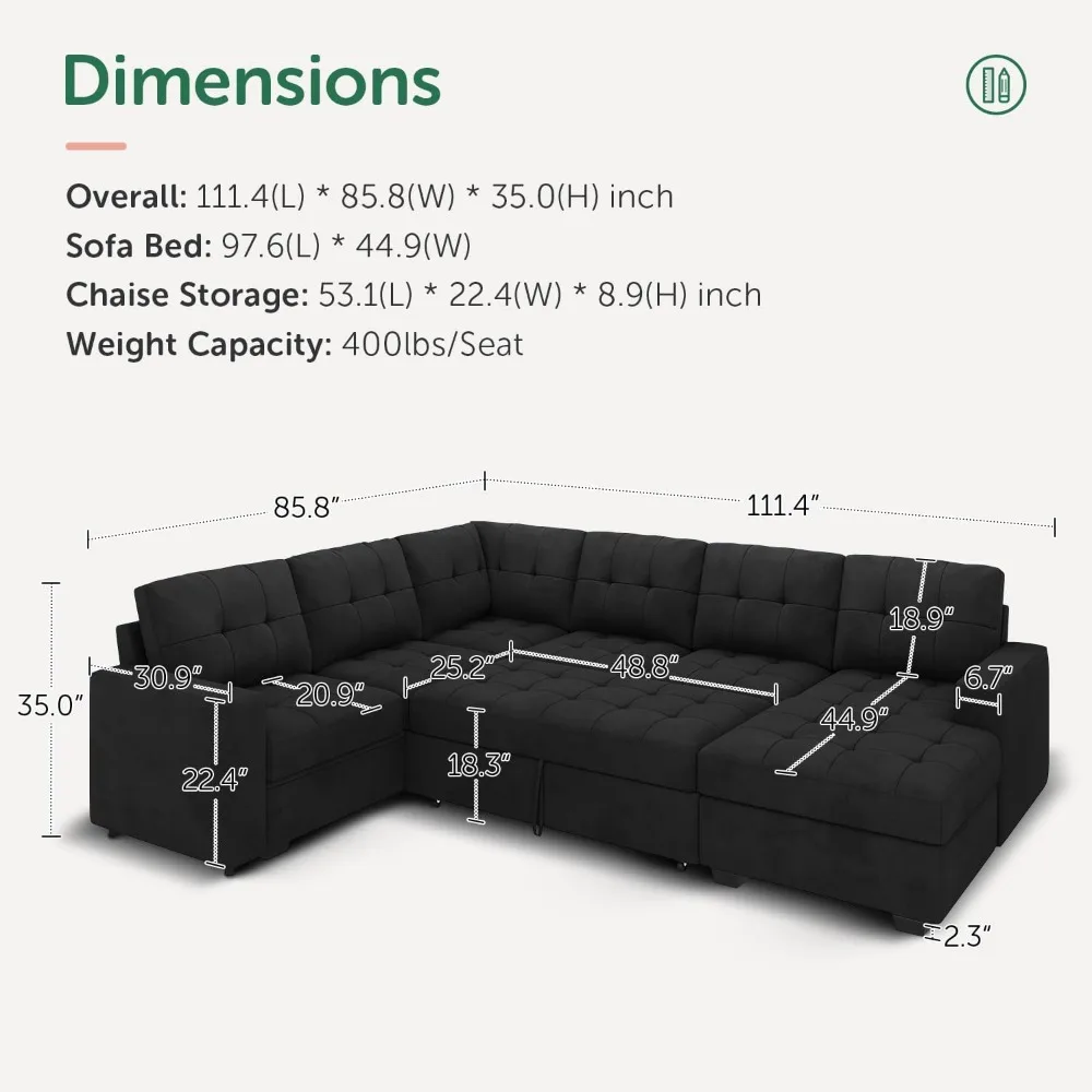 Sectional Sleeper Sofa with Pull Out Bed, Sleeper Sectional Couch for Living Room, Sleeper Sofa Bed with Storage Chaise, Velvet