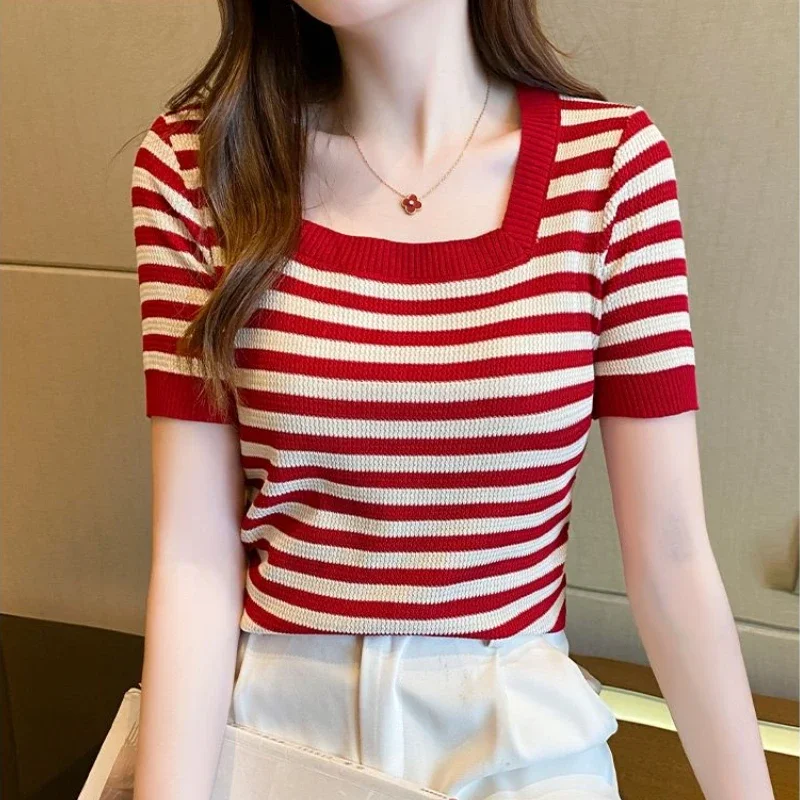 Square Collar T-shirts Women Korean Fashion Knit Tops Harajuku Y2k Clothes Summer Футболка Женский Slim Elastic Soft Striped Ins