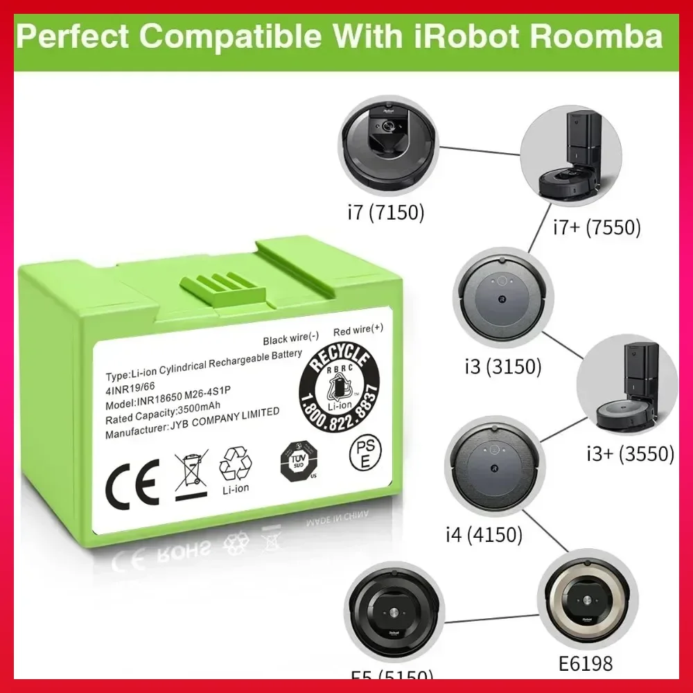 I7 14.4V 5000mAh i7 Battery Replacement for iRobot Roomba e and i Series i7+ e5 7150 7550 i3 3150 i3+ 3550 i4 4150 i4+ 4624864