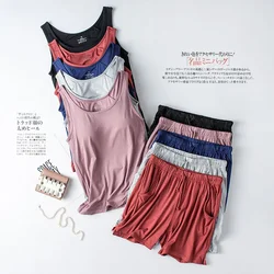 Verão novo pijama modal feminino colete de duas peças + shorts com almofada no peito lingerie sem costura copo camisola homewear conjunto pijama