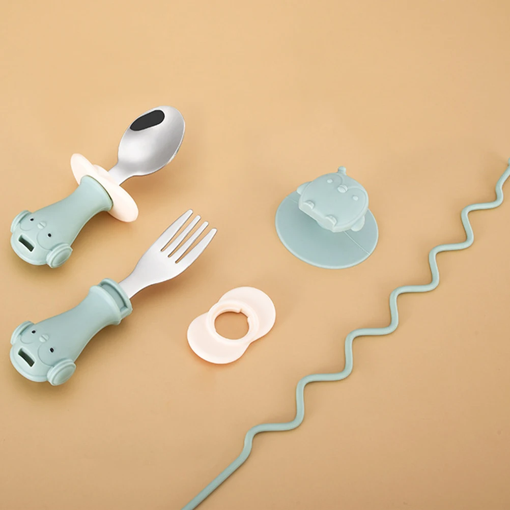 

1 set Baby Fork Spoon Set with Suction Cup Anti Drop Chain Silicone Self Feeding Tableware Toddler Dining Flat Utensils Travel