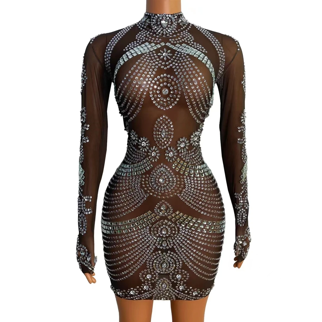 

Faldas De Mujer Sparkly Mesh See Through Black Rhinestone Bodycon 2024 Short Prom Dress Party Gown Fashion Women Sexy Club Dress