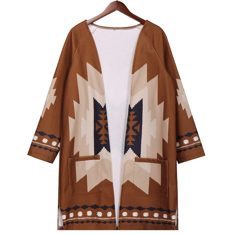 Women\'s Vintage Ethnic Casual Print Fleece Jacket Loose Cardigan With Pockets Office Lady\'s Chic Elegant All-Match Coat Homewear