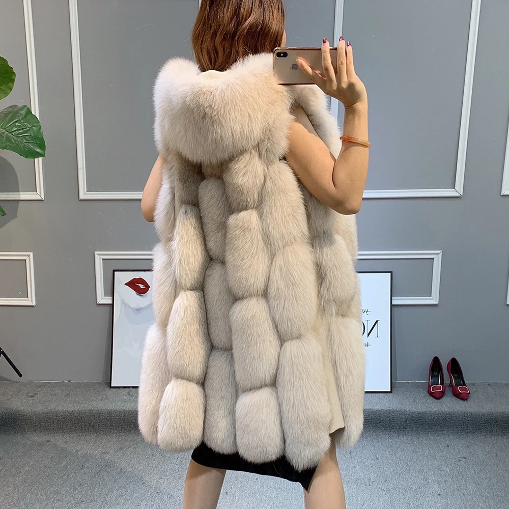 Real Fur Coat for Women Winter Jacket Long Natural Fox Fur Vest Real Sheepskin Leather Hood Thick Warm Overcoat Black New