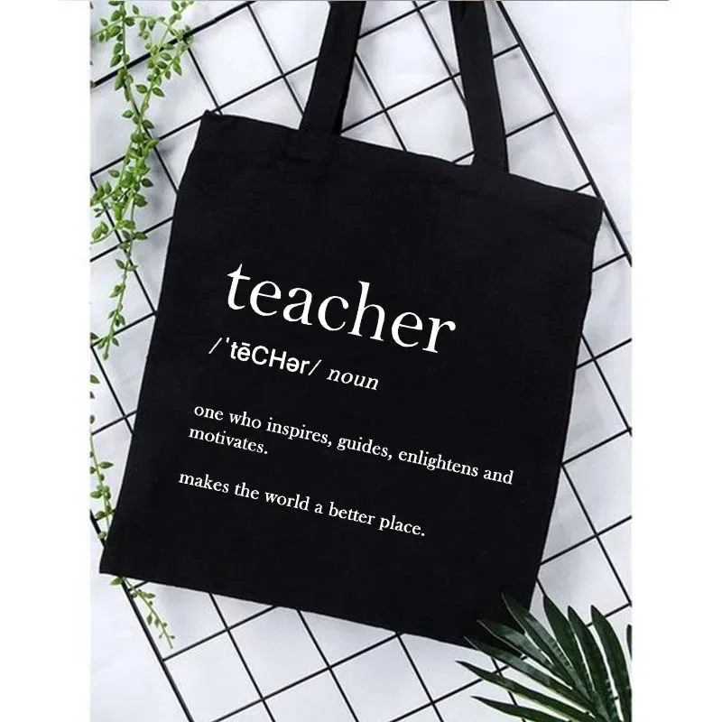 Teacher Print Canvas Black Shopping Tote Teacher Life Book Bag Handbag Back To School Season Best Gifts Reusable Shoulder Bags