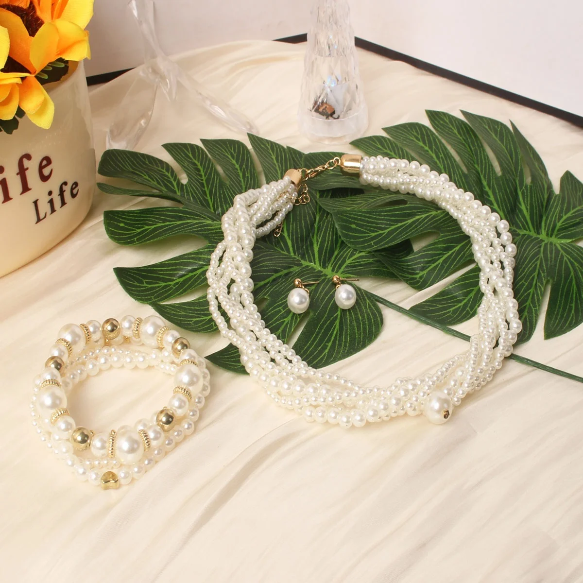 Nigerian wedding Indian jewelry sets bohemian simulated pearl statement chokers necklace bracelet earrings for women accessories