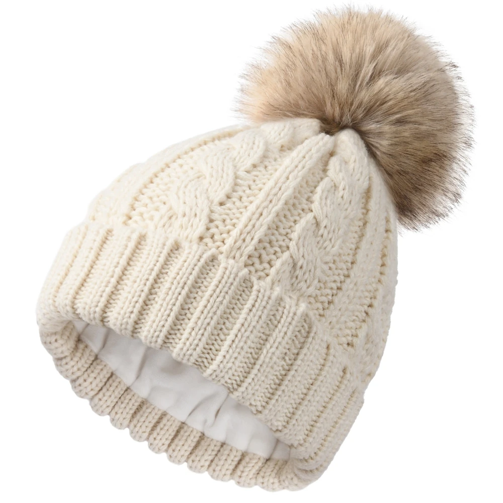 Women's Warm Double-Layer Cuffed Twist Hat with Double Layer Fleece Lining Beanie with Removeable pom-pom‌ Unisex Winter Ski Cap