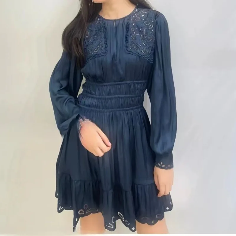 

Women Dress Hollow Embroidered Ruffle Rdge Casual Summer New O-neck Long Sleeve Elastic Waist Short Robe