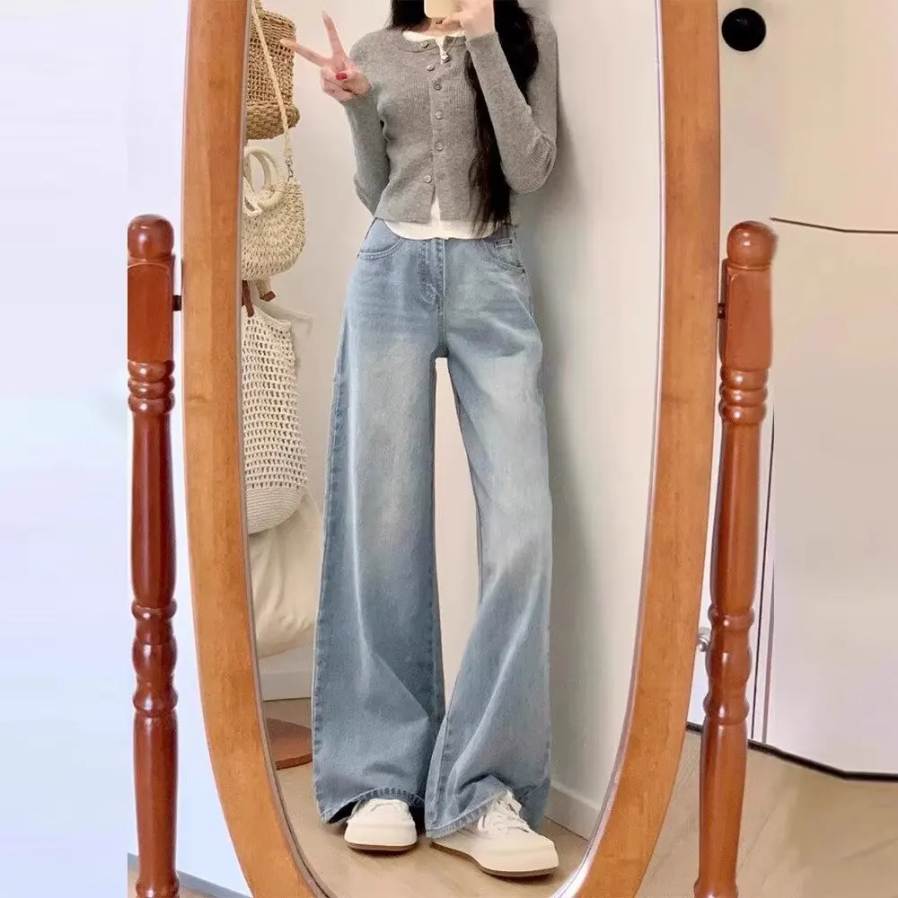 Vaqueros acampanados de color claro retro francés para mujer en verano pequeños pantalones de pierna ancha rectos acampanados grandes de cintura alta primavera y otoño