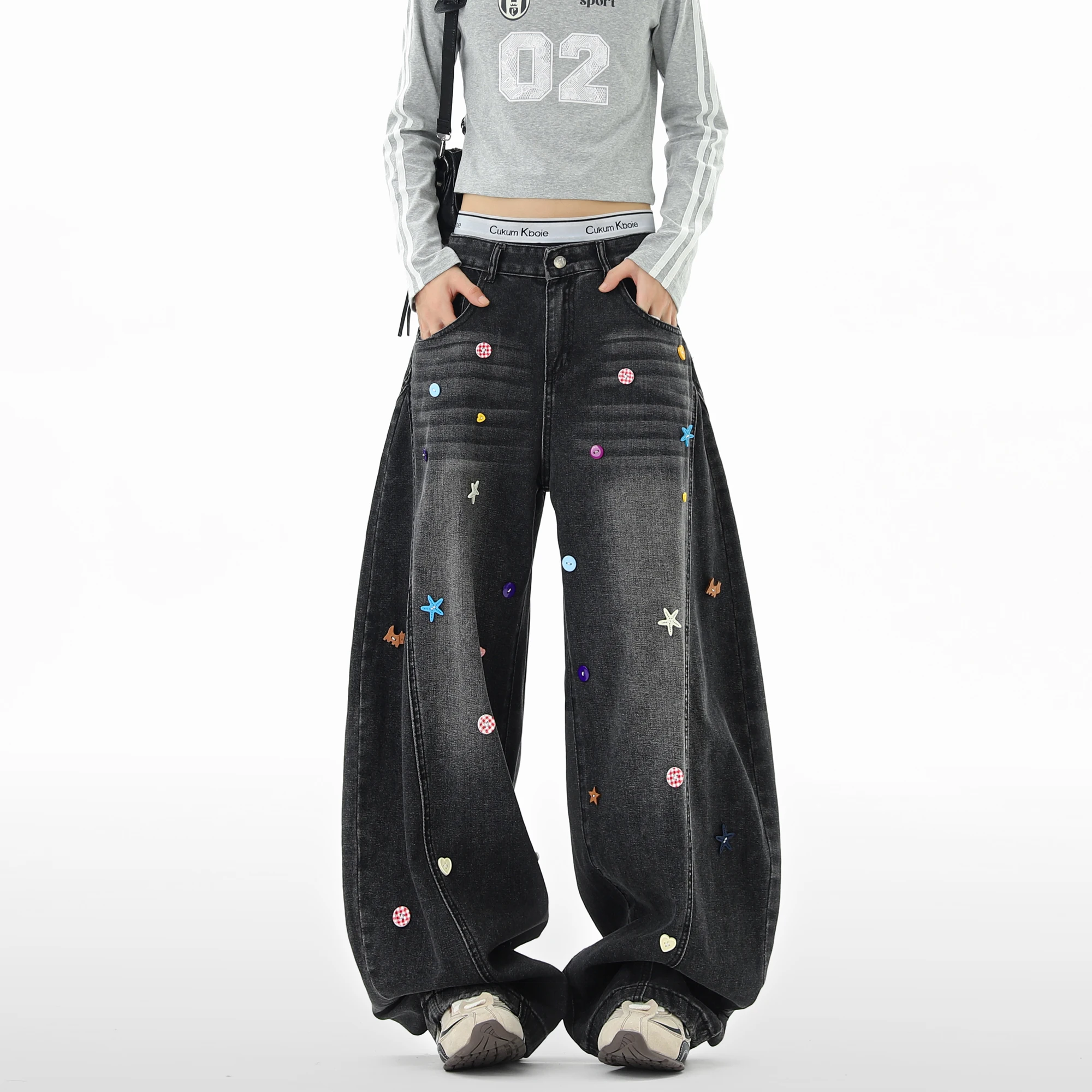 

Jeans Mens High Quality Baggy Loose Fit Long Jeans with Buttons Star Details Trendy Youth Fashion New Fall 2025 Patchwork pants