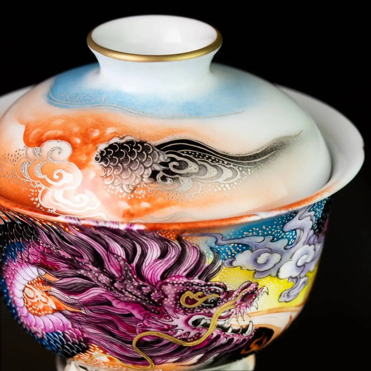 Sacred Mountain Jingdezhen Hand-Painted Chinese-Style Enamel Gold And Silver Purple Dragon Treasure With Lid, Handmade Ceramic