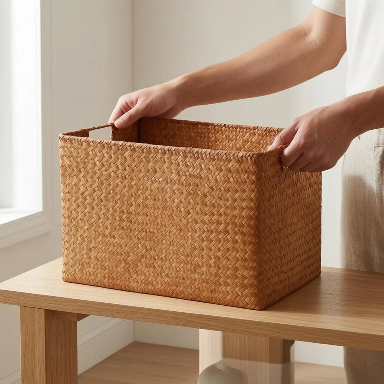 Rectangular Straw Basket Built-in Handles Braided Straw Basket Rustic Easy to Carry