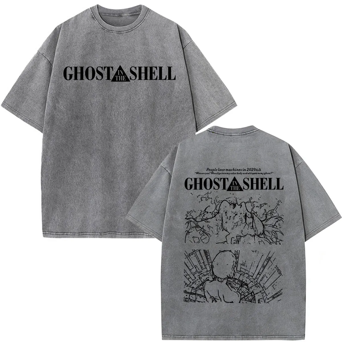 Anime Vintage Washed Motoko Kusanagi Ghost in The Shell T Shirts Men's Women Fashion Gothic Short Sleeve Oversized T-shirts Tops