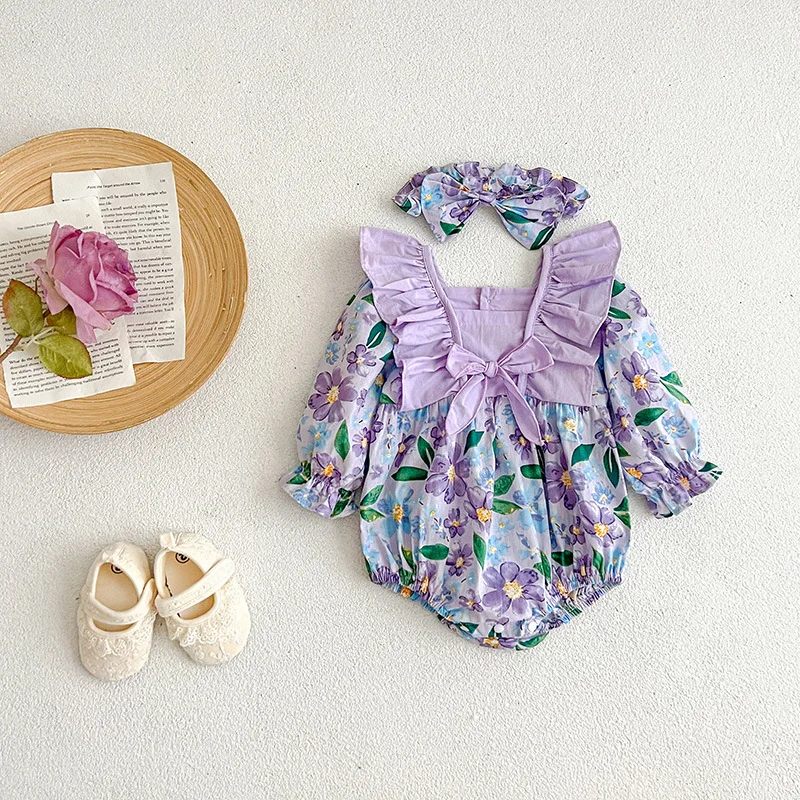 Spring Cotton Baby Girl Bodysuit Short Sleeves Summer Purple Flower Baby Girls Romper Infant 0-24m Romper Newborn Clothes