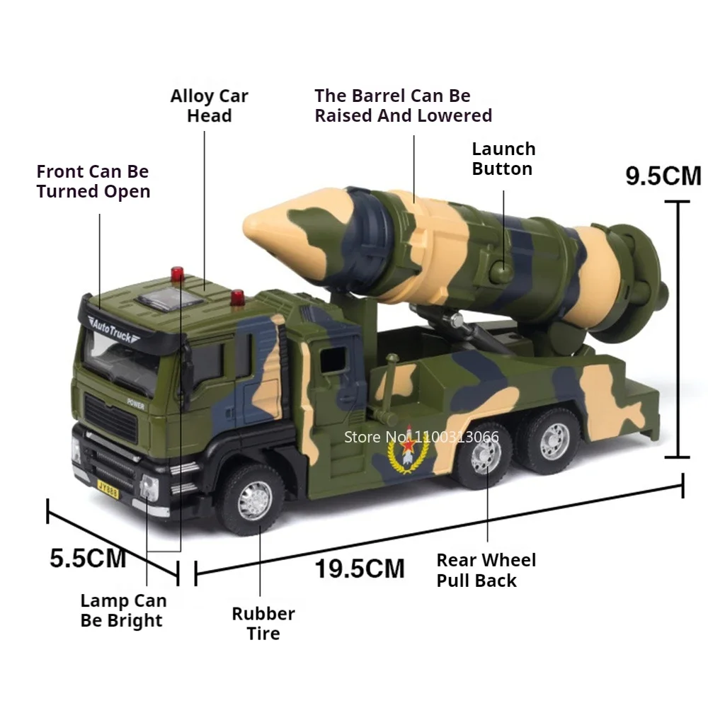 1:50 Alloy Military Missile Launch Vehicle Toys Miniature Cars Models Pull Back Rocket Launcher Light Sound Vehicles Kids Gifts