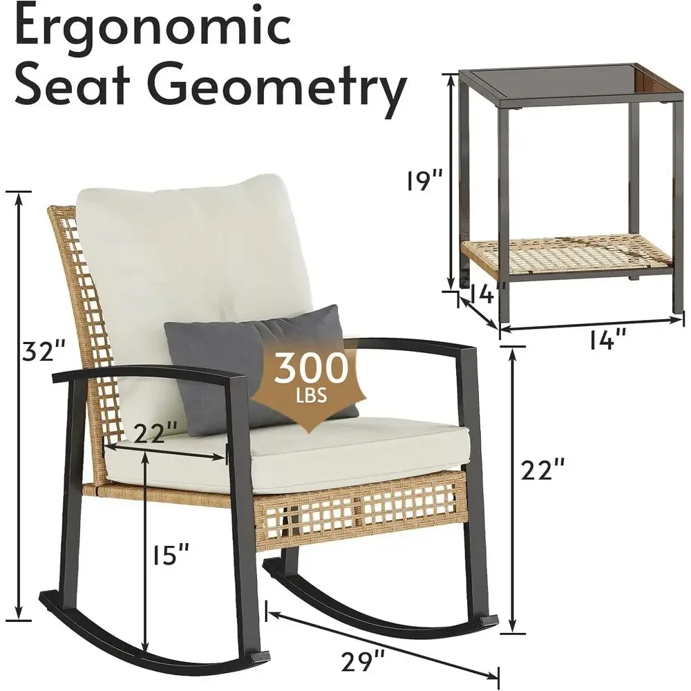 3-Piece Outdoor Patio Rocking Chair Set with Cushioned Rockers and 2-Tier Coffee Table (Beige)