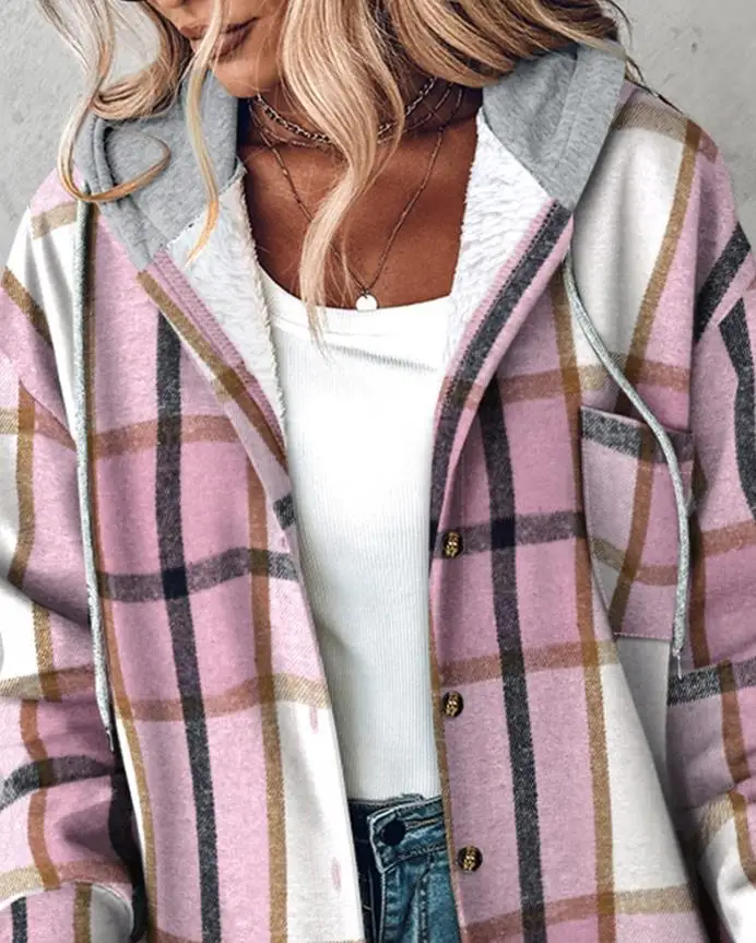 

Women's Jacket Autumn Plaid Print Long Sleeve Button Front Drawstring Hoodie Coat Casual Pocket Design Thermal Lined Shirt Coat
