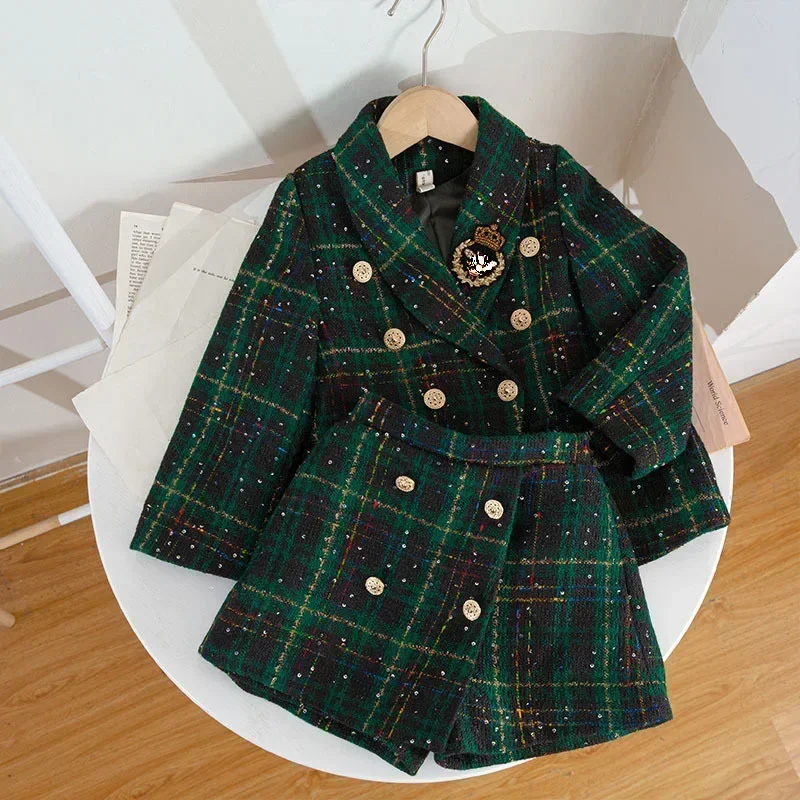 Girls  Kids 2 Piece Tweed Set Winter Suit Clothes for 1-10Years Children's Cotton Padded Jacket Coat+Skirt Kids Classic Outfits