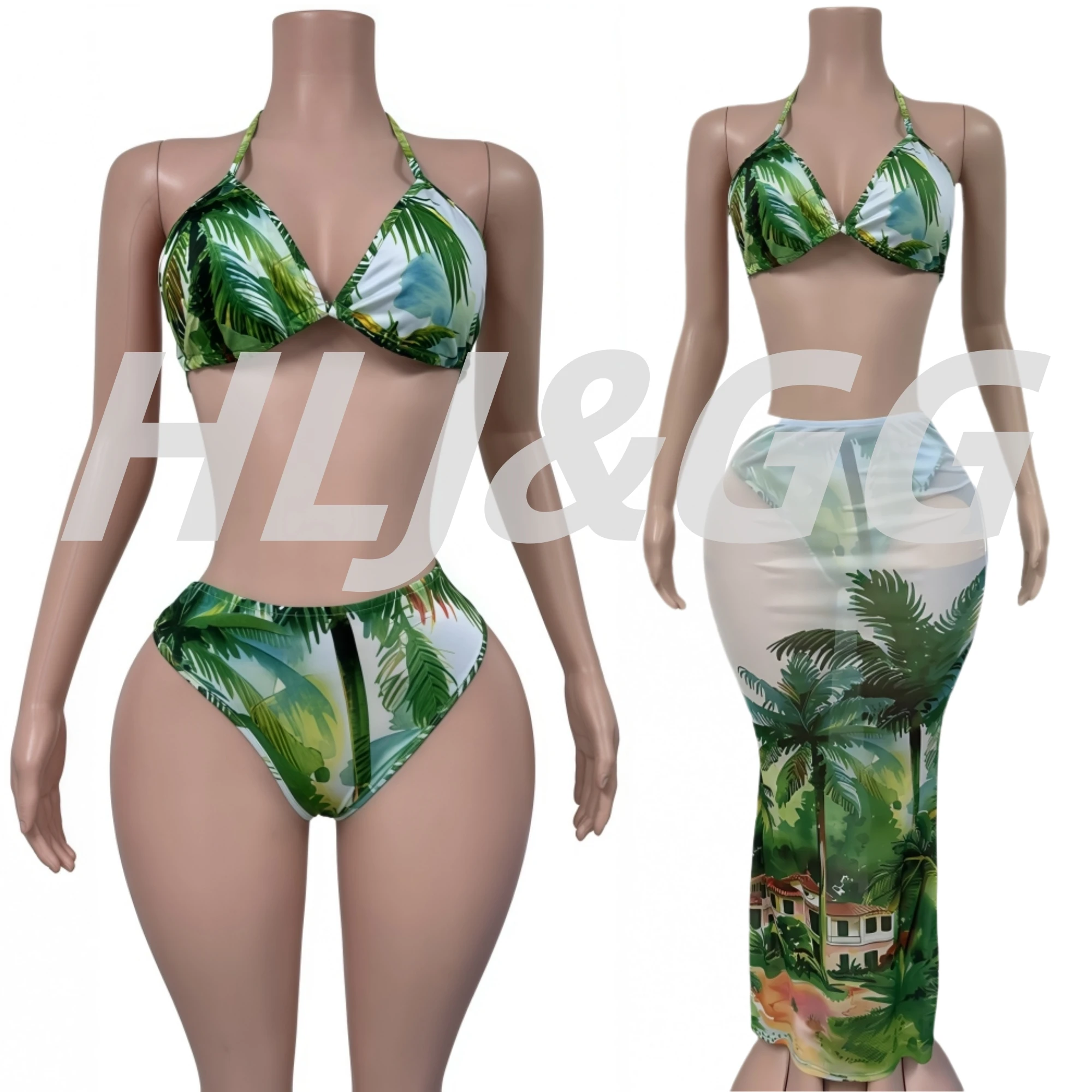 HLJ Summer Sexy Colorful Print 3 Piece Bikinis Set Spaghetti Strap Crop Top + Underpants + Maxi Skirts Suit Excluding Headscarf