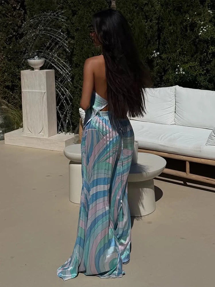 Bedruckte Neckholder-Crop-Tops und Weite Hosen Sets für Damen, Sexy Ärmellose Rückenfreie Oberteile, Plissierte Hosen, Schicke Strandmode, Neu – Detail 3