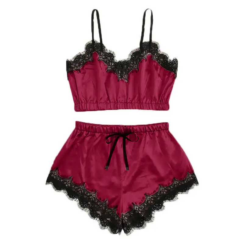 Ensemble pyjama en dentelle pour femmes, vêtement de nuit sexy, col en v, lingerie courte