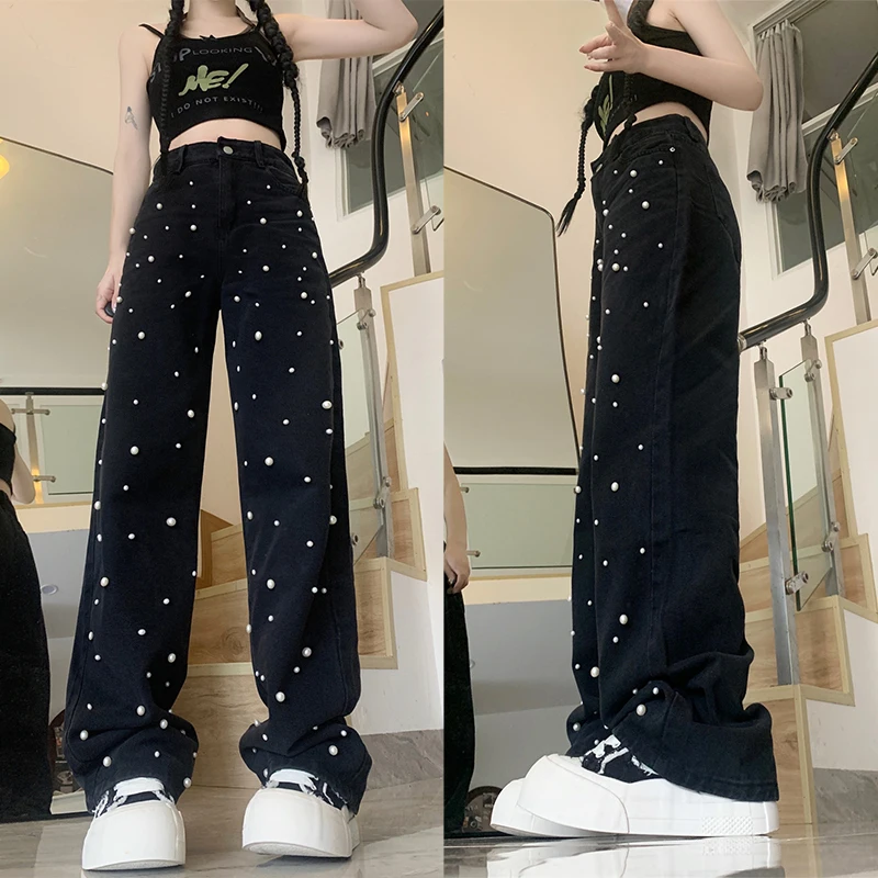 

Woman Korean High Waist Y2k 90s Vintage Wide Leg Jeans Girls Harajuku Baggy Long Pants Female Streetwear Black Denim Trousers