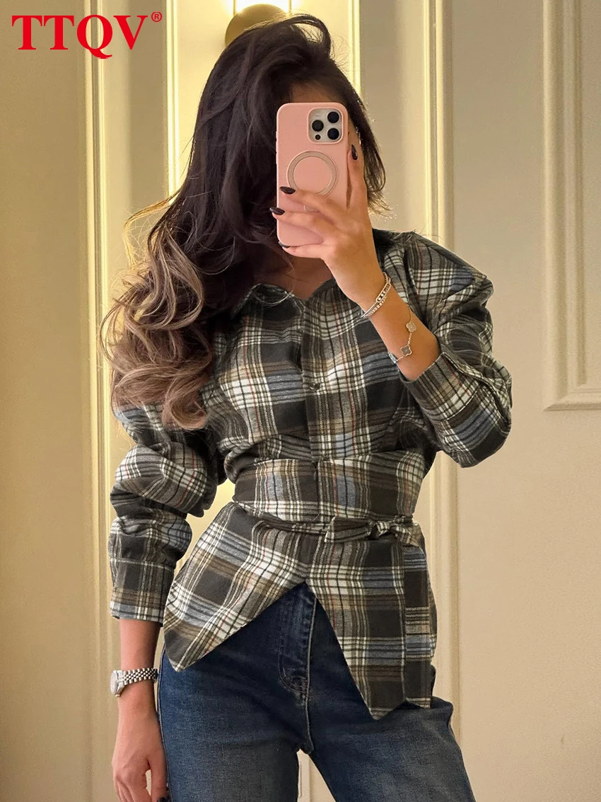 

TTQV Spring Loose Brown Plaid Women's Blouse 2026 Fashion Lapel Long Sleeve Lady Shirts Elegant Classic Top Female Clothing