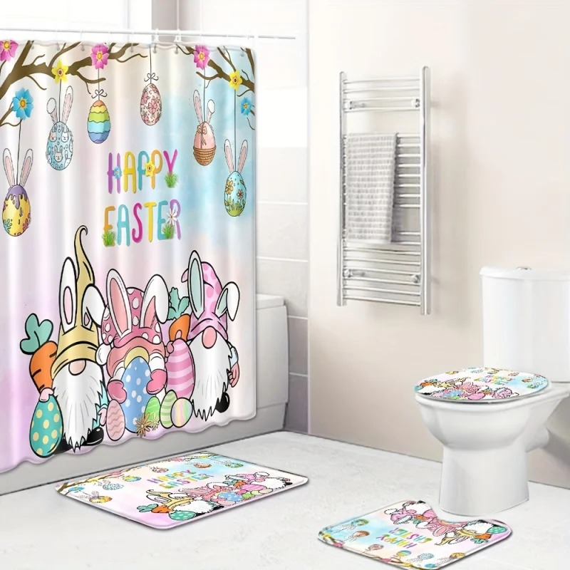 4pcs Easter Egg Pattern Shower Curtain Set, Waterproof Shower Curtain With 12 Hooks, Non-Slip Bath Rug, U-Shape Mat, Toilet Li