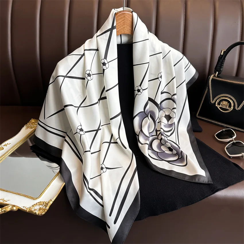 90*90cm Silk Scarves Women Print Satin Square Head Hijab Ladies Luxury Shawl Bandanna Female Muffler Chiffen Wrap Foulard Ribbon