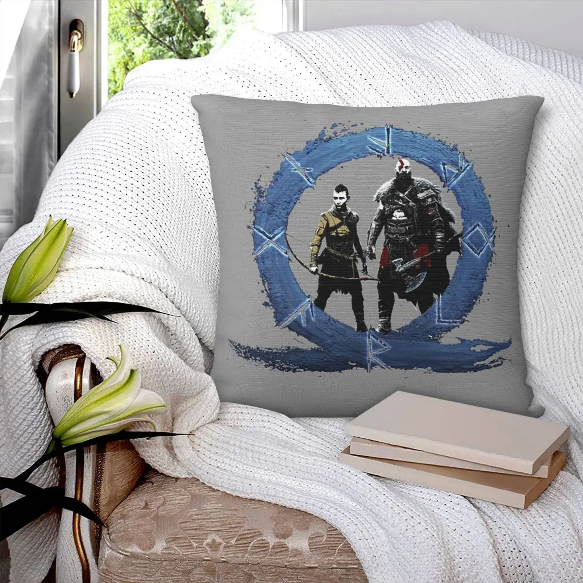 Men God Of War Kratos Game Square Pillowcase Pillow Cover Cushion Zip Decorative Comfort Throw Pillow for Home Living Room