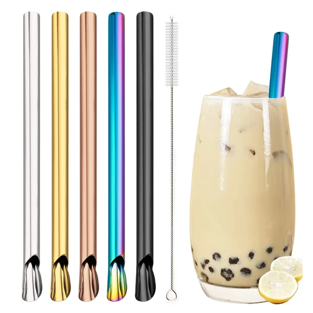 Reusable 304 Stainless Steel Straw Pearl Milkshake Bubble Tea 6Pcs Straw with Brush Set Stirring Smoothie Spoon Shaped Straw